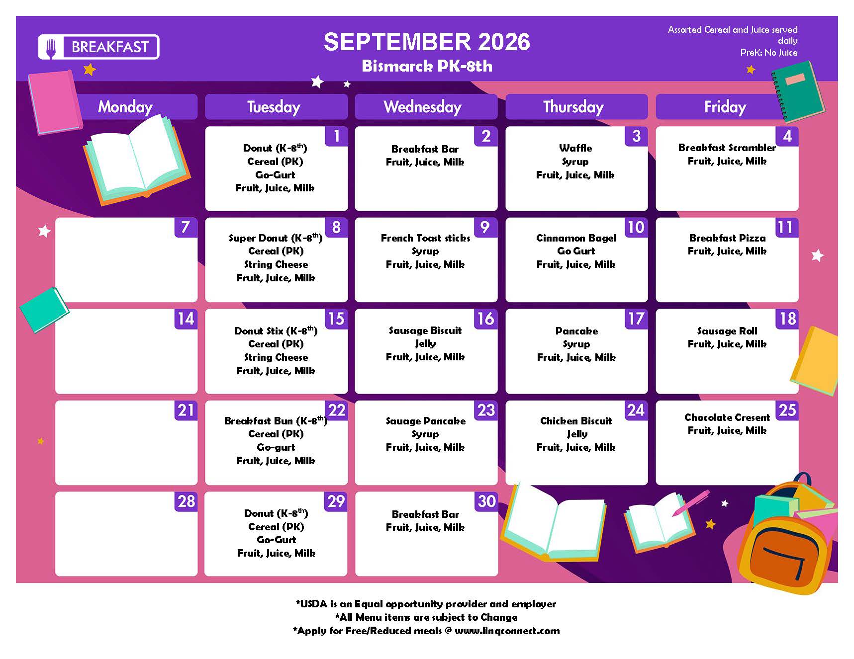 A purple and pink-themed September 2026 monthly calendar featuring school menus and daily meal plans.